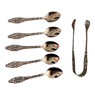 6 silver spoons and matching Dutch sugar tongs