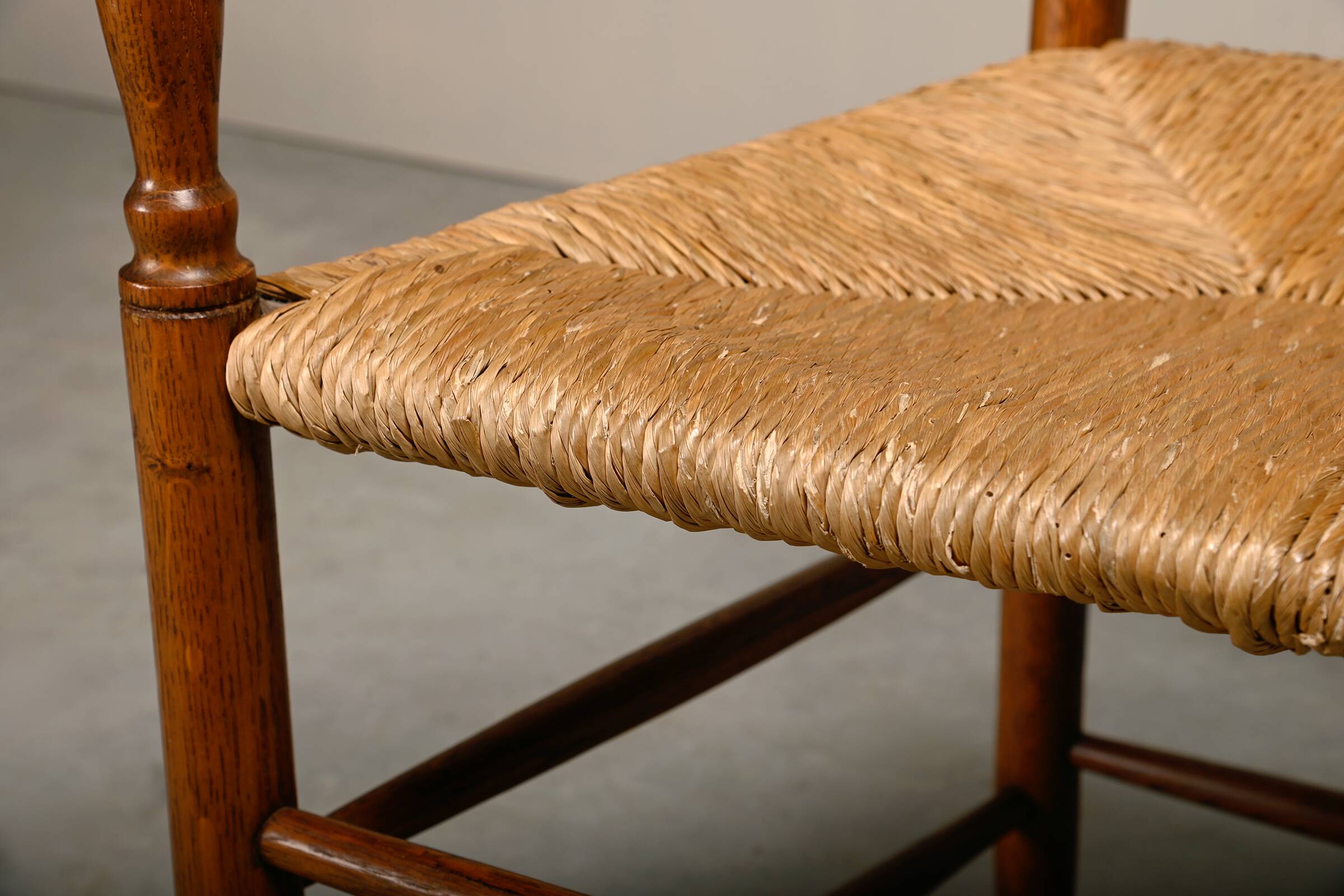 Rustic Armchair and Stool in stained oak and rush, France 1950s