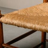 Rustic Armchair and Stool in stained oak and rush, France 1950s