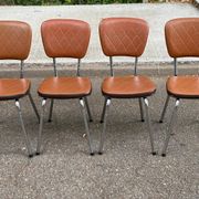 Set of 4 vintage camel faux leather quilted chairs with chrome metal by Soudexvinyl from the 70s.