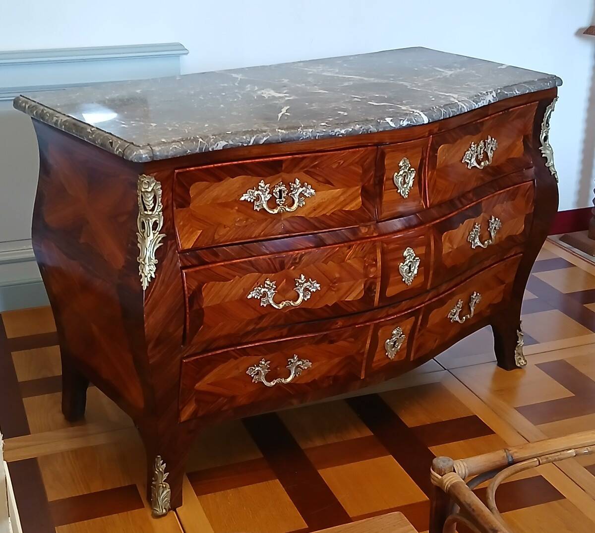 Louis XV period commode with tomb-like shape, stamped Léonard Boudin 1735-1807, 18th century
