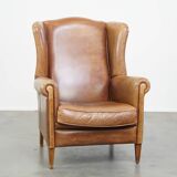 Cowhide Leather Wingback Chair in Light Cognac Color