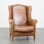 Cowhide Leather Wingback Chair in Light Cognac Color