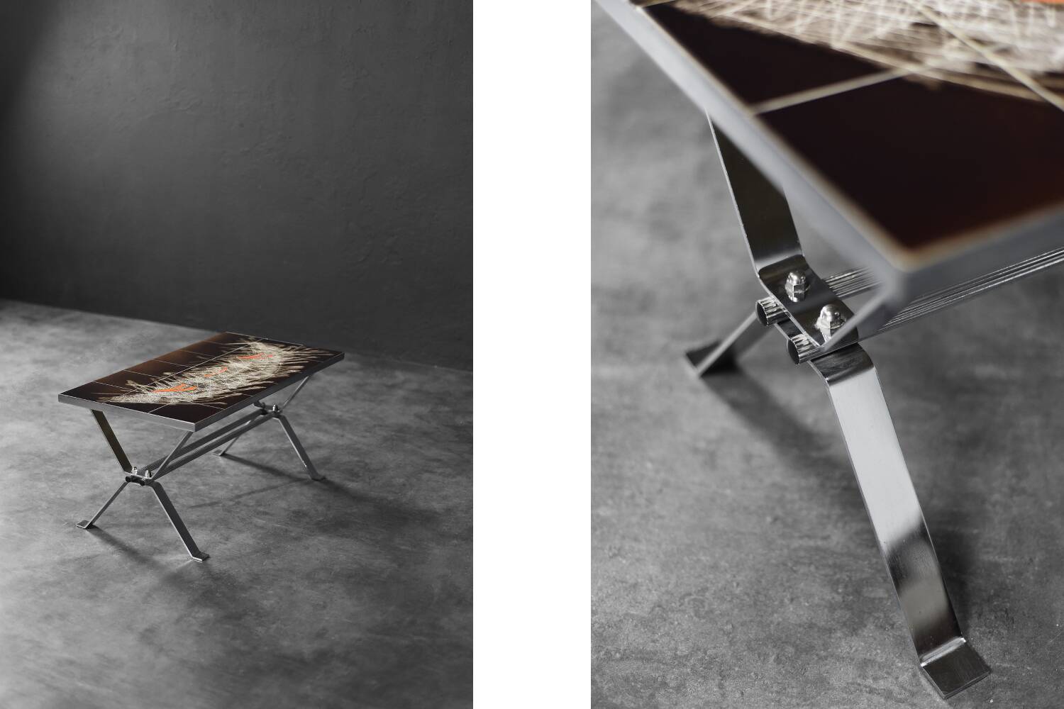 Modernist coffee table in ceramic and metal, 1970.