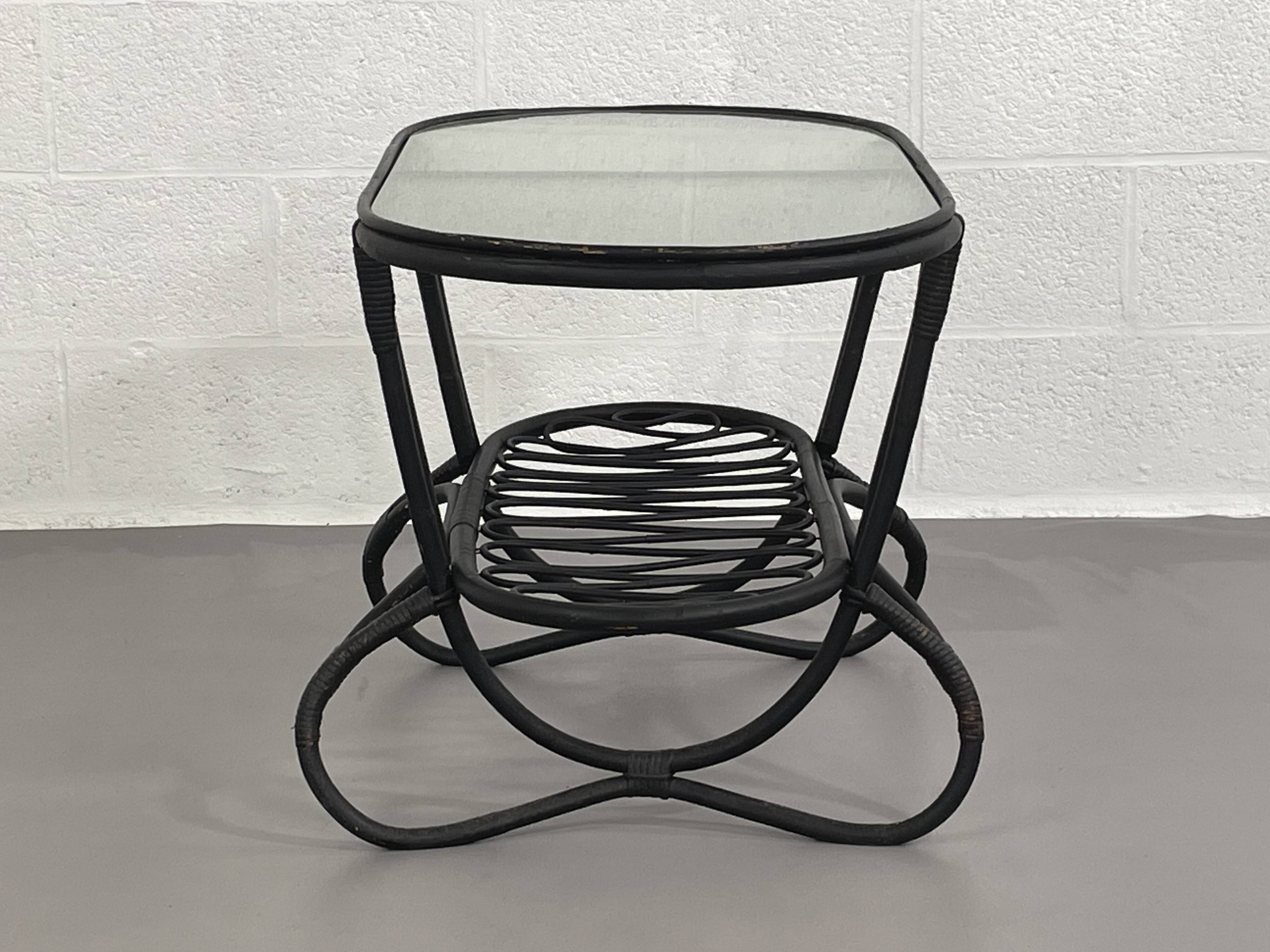 Black rattan and glass coffee table