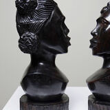 Couple of Malagasy busts in dark exotic wood, carved, craftsmanship from the 1940s to 1970s.