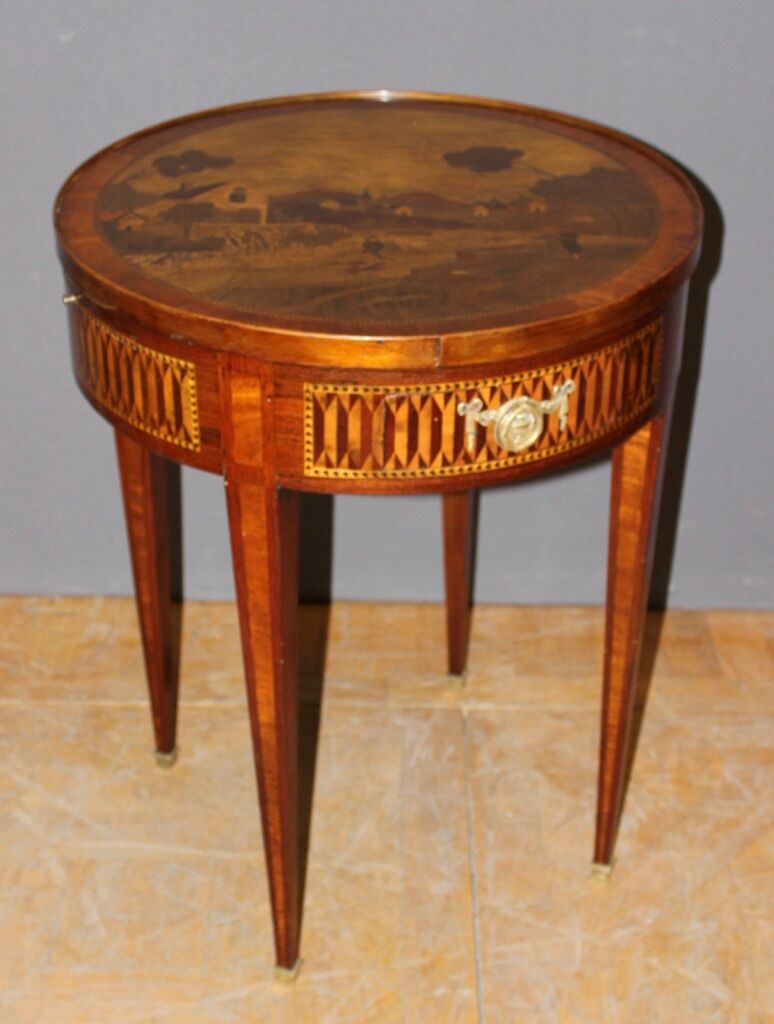 Louis xvi style hot water bottle table in marquetry around 1900