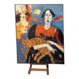 Peinture signée Al Richard portrait d'une femme portant un chat