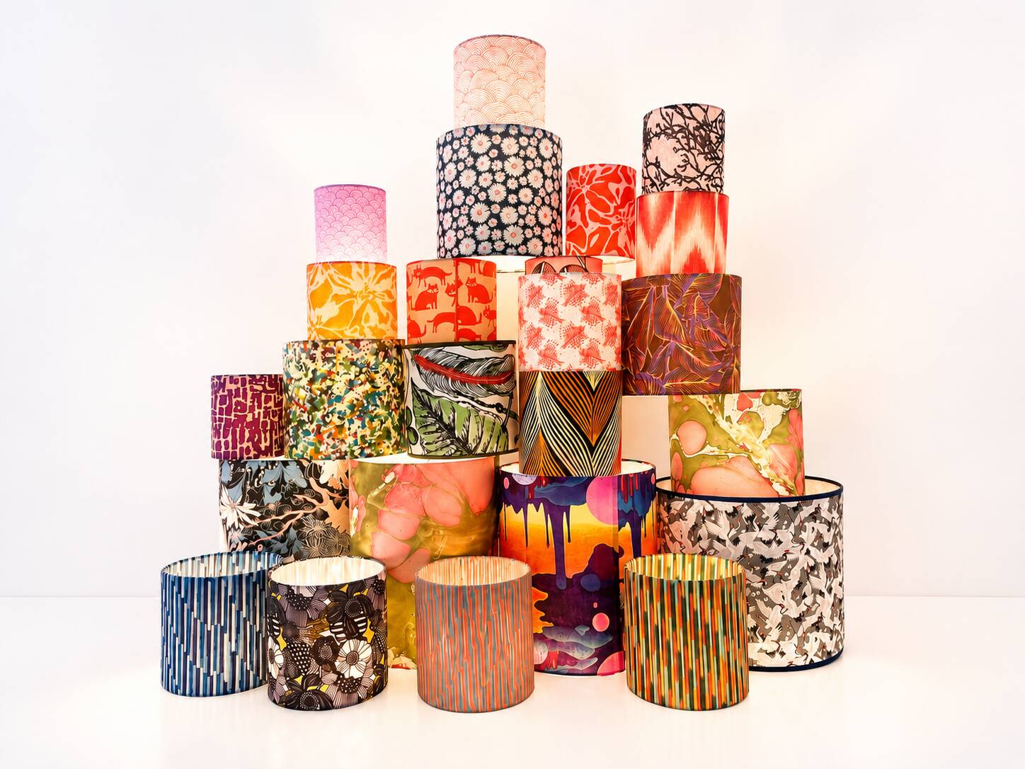 Handmade lampshade, covered with high-quality patterned fabric.
