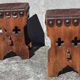 Pair of brutalist stools, leather seat.