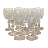 9 antique glasses in port or alcohol decorated with arabesques