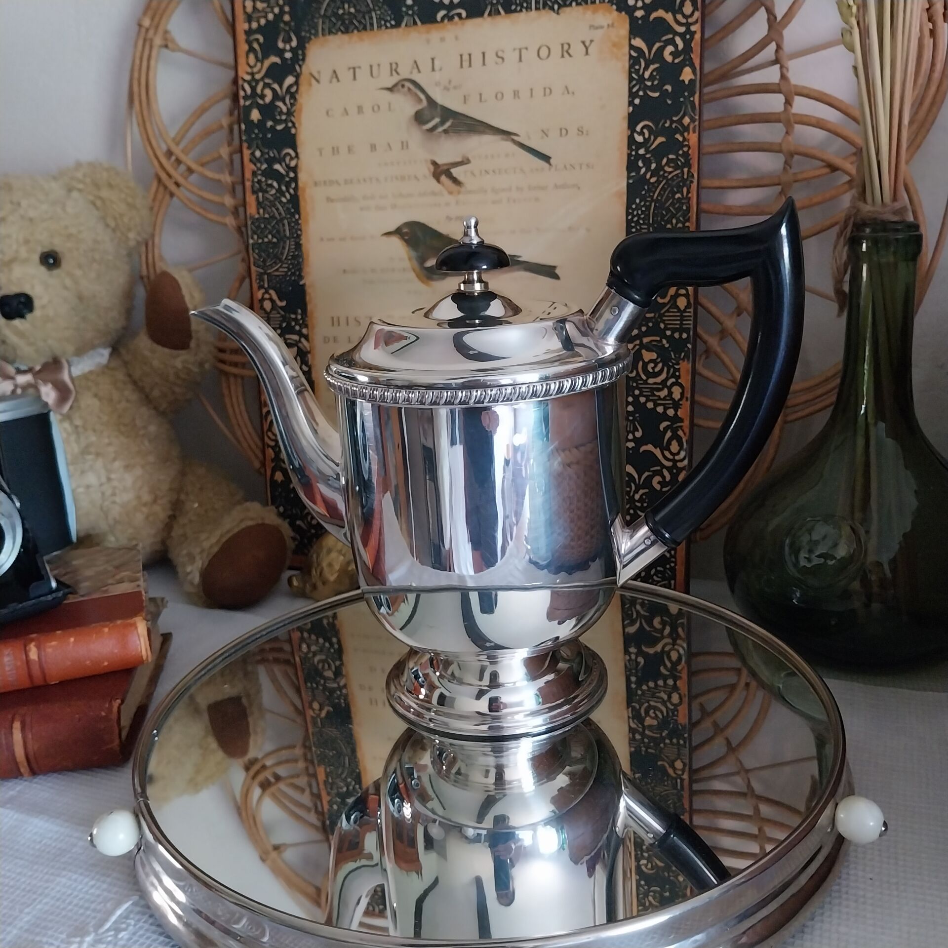 Old English coffee pot in silver-plated metal and Bakelite.