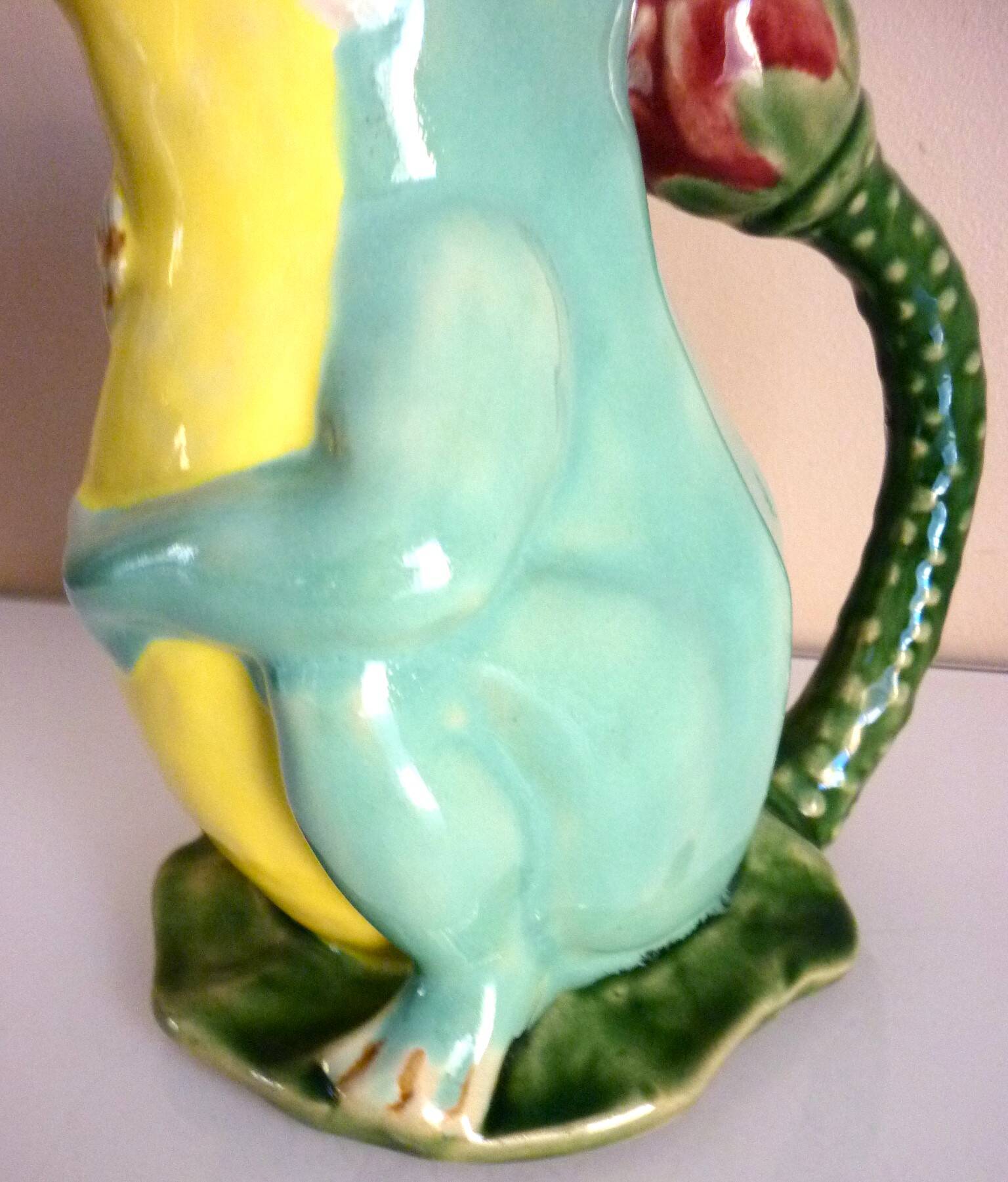 Frog pitcher, glazed ceramic, slipware, signed Athezza Franca