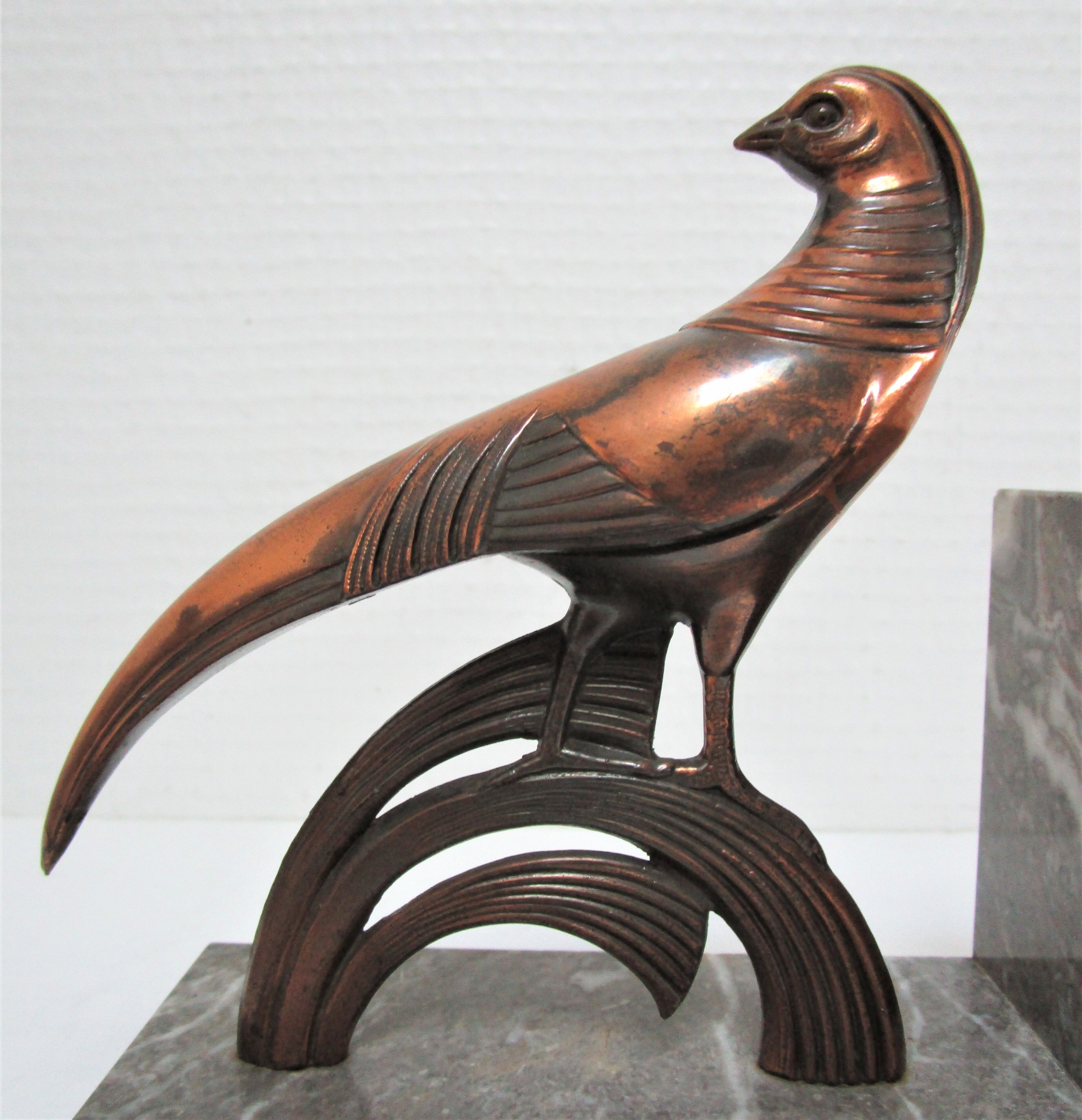 Pair of greenhouse books bird Art Deco metal patinated marble