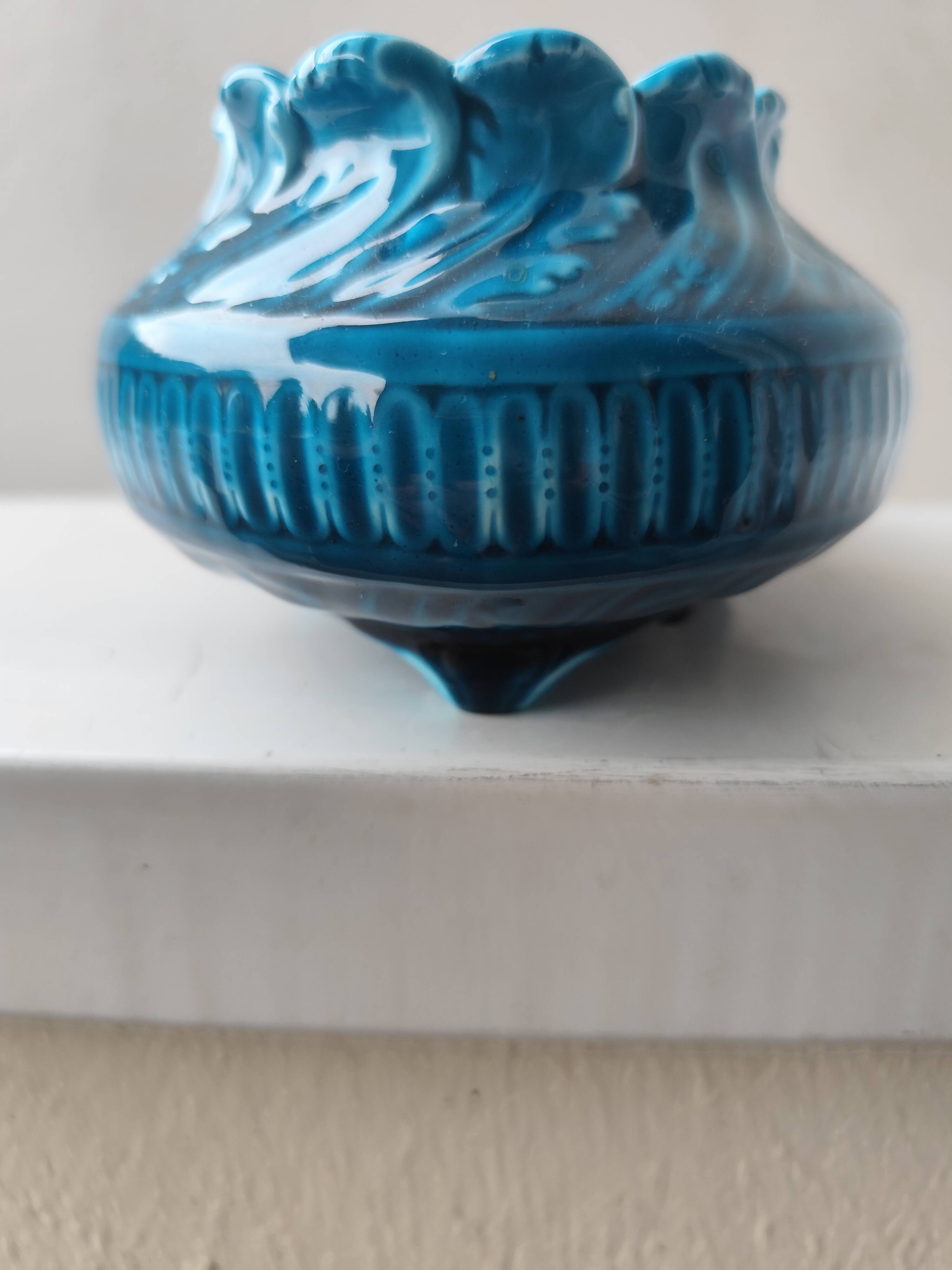 Blue glazed ceramic vase and pocket planter by Théodore Deck.