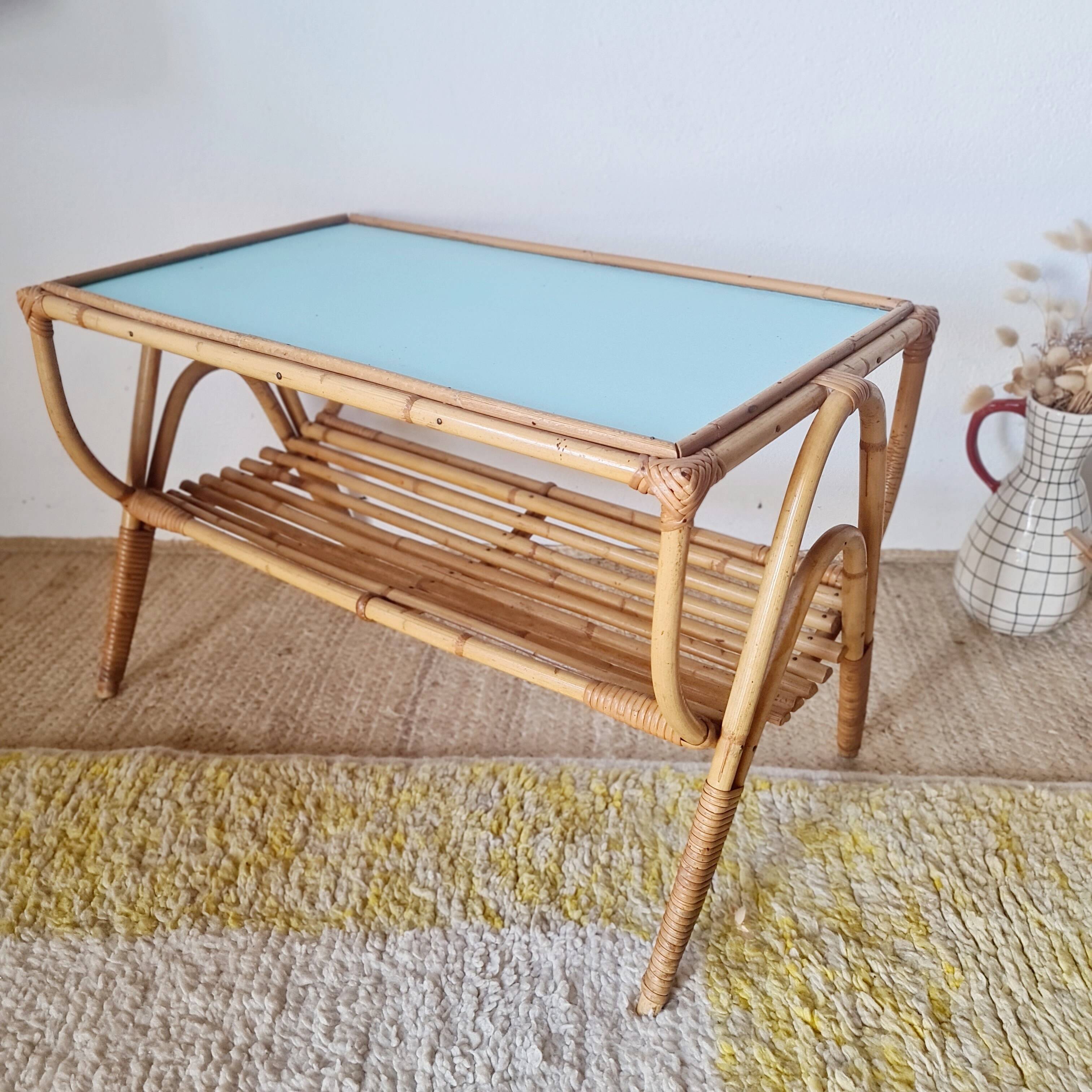 1960s rattan coffee table - blue top
