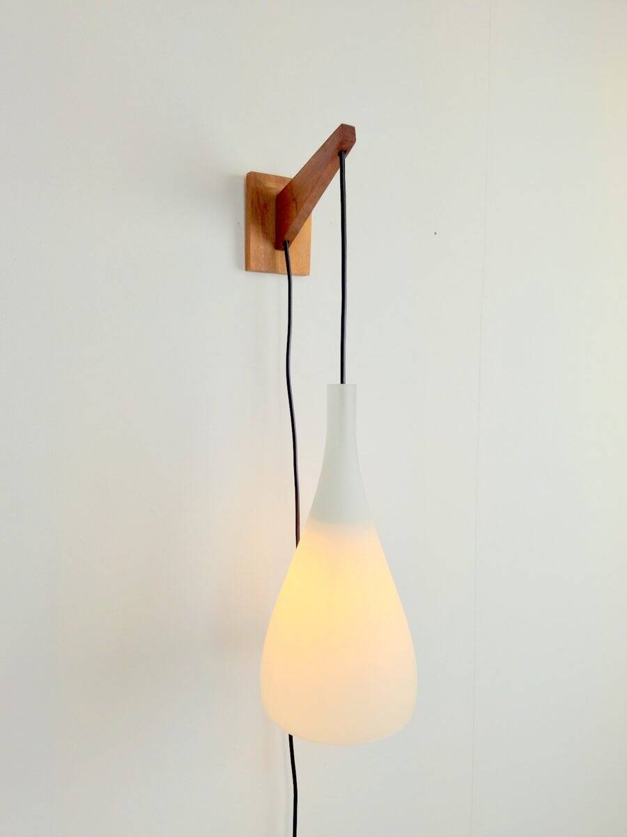 Vintage Tear Drop Wall Lamp in Teak and White Glass, Denmark, 1960s