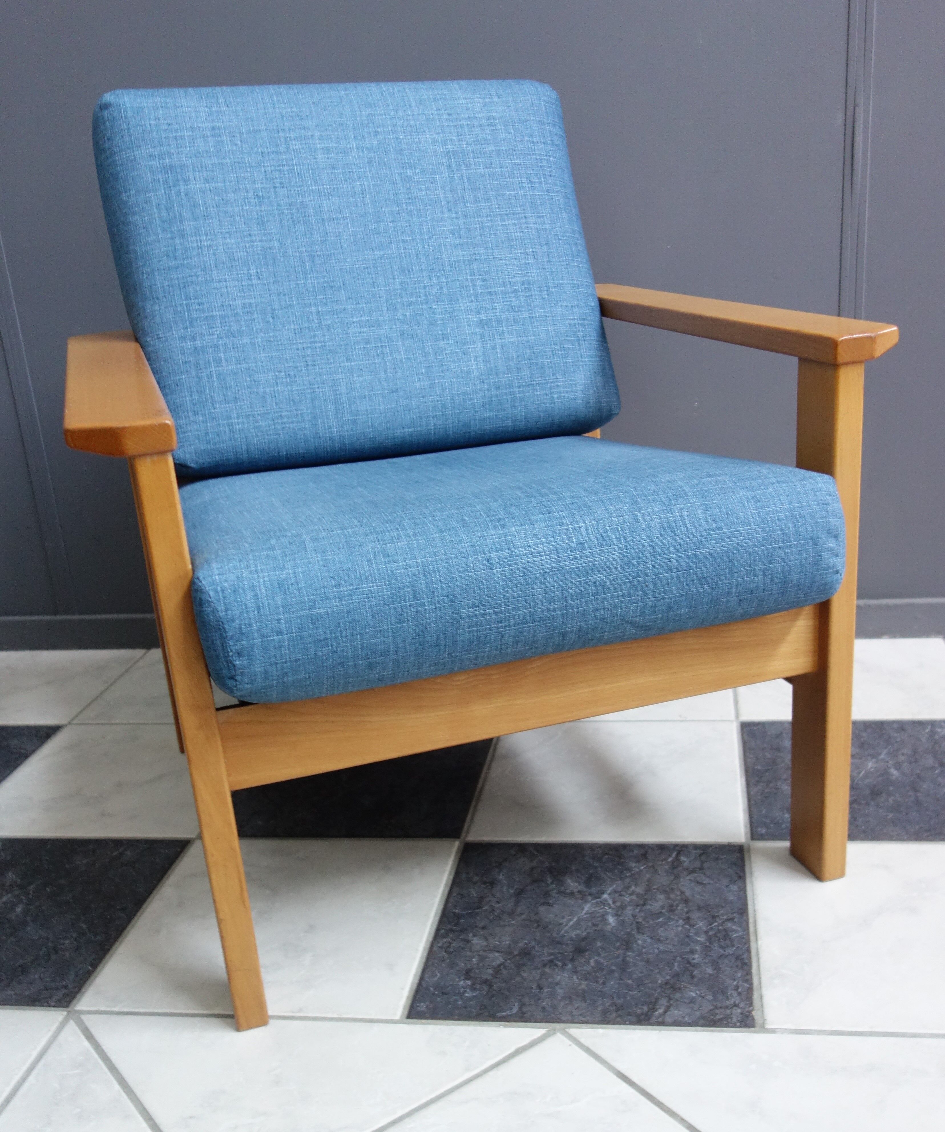 Blue fabric easy chair  in blonde wood frame 1960s