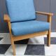 Blue fabric easy chair  in blonde wood frame 1960s