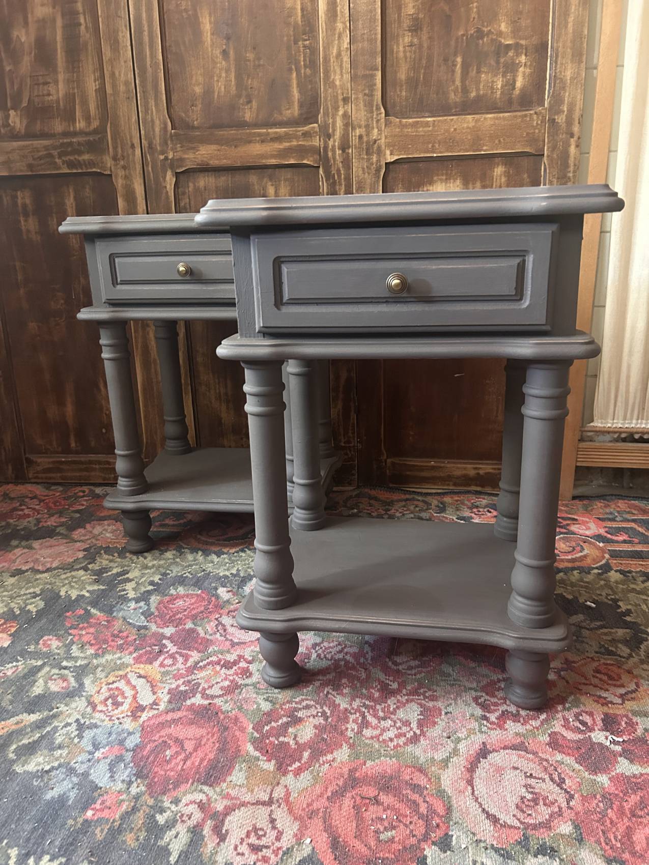 Pair of vintage bedside tables in fir, reimagined – waxed finish – both elegant.