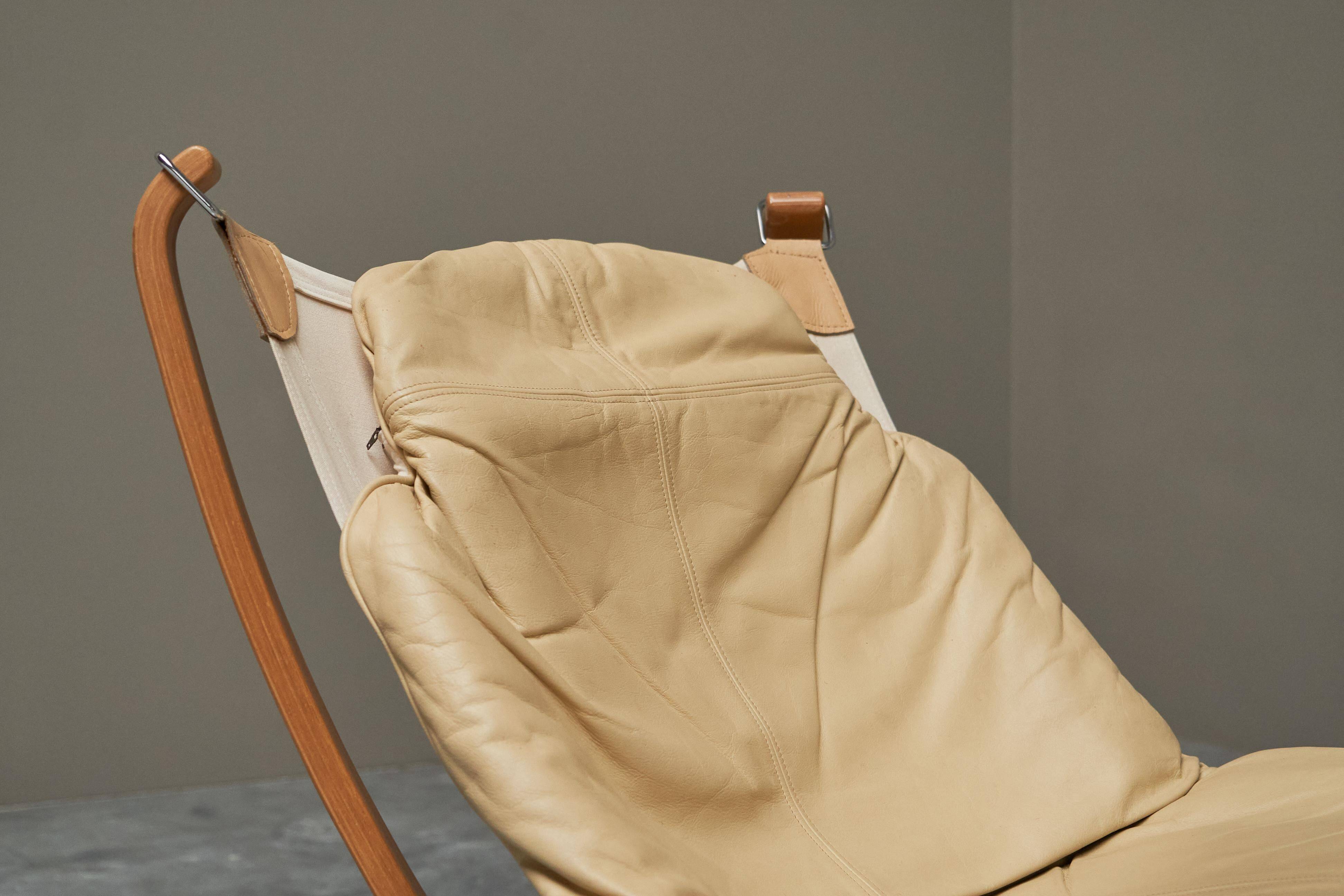 Pair of Sigurd Ressell Falcon Lounge Chairs leather, canvas, birch, 1970s