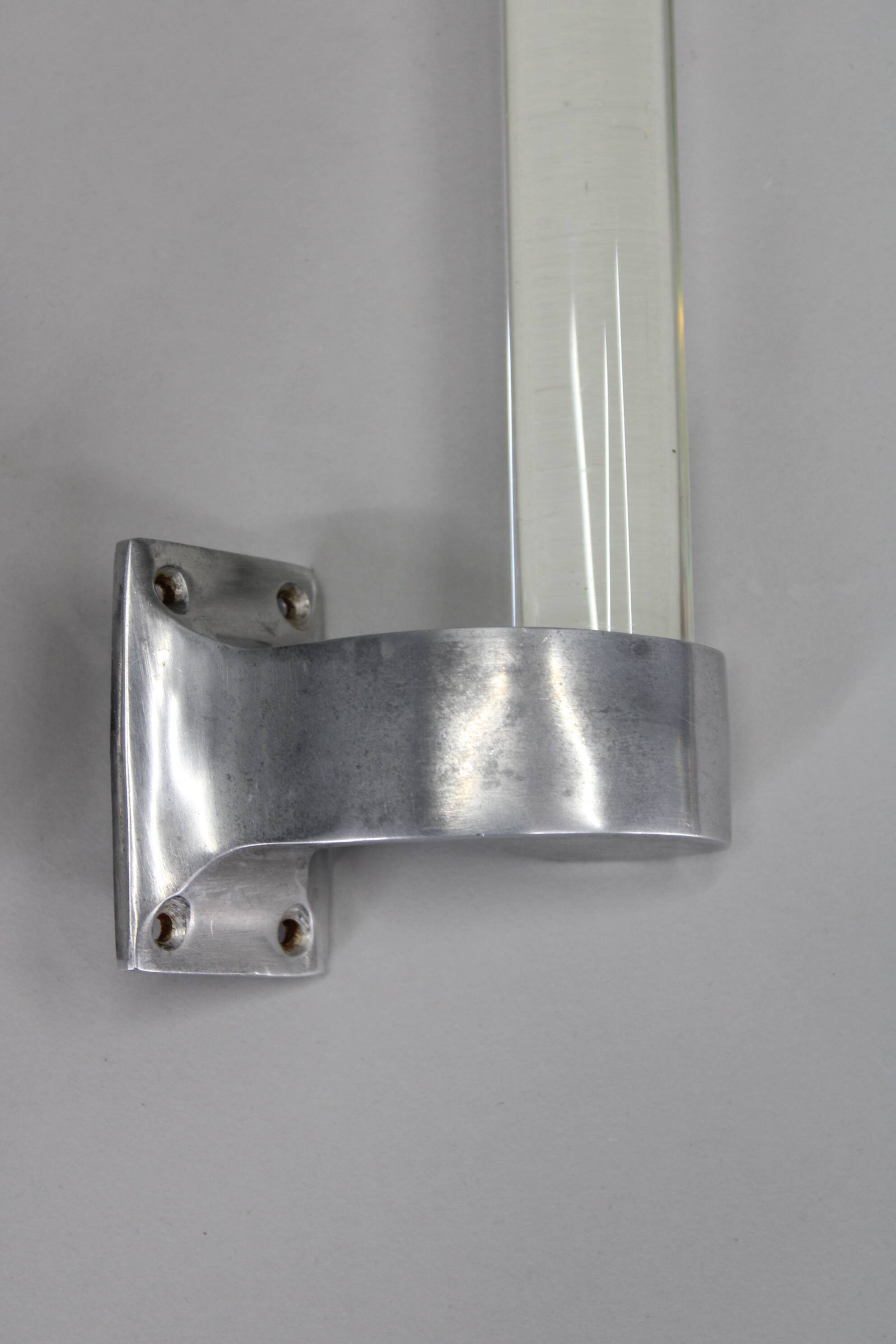 Pair of 1930s Czechoslovak Art Deco clear glass handles with metal mounts