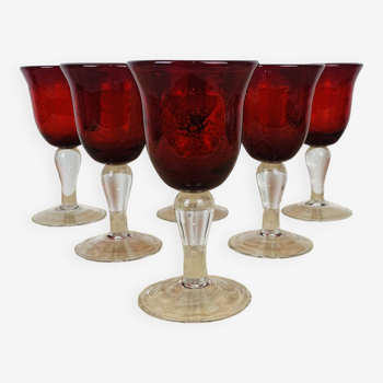 6 red Biot bubble glass wine glasses