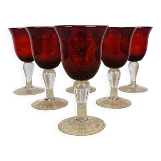 6 red Biot bubble glass wine glasses