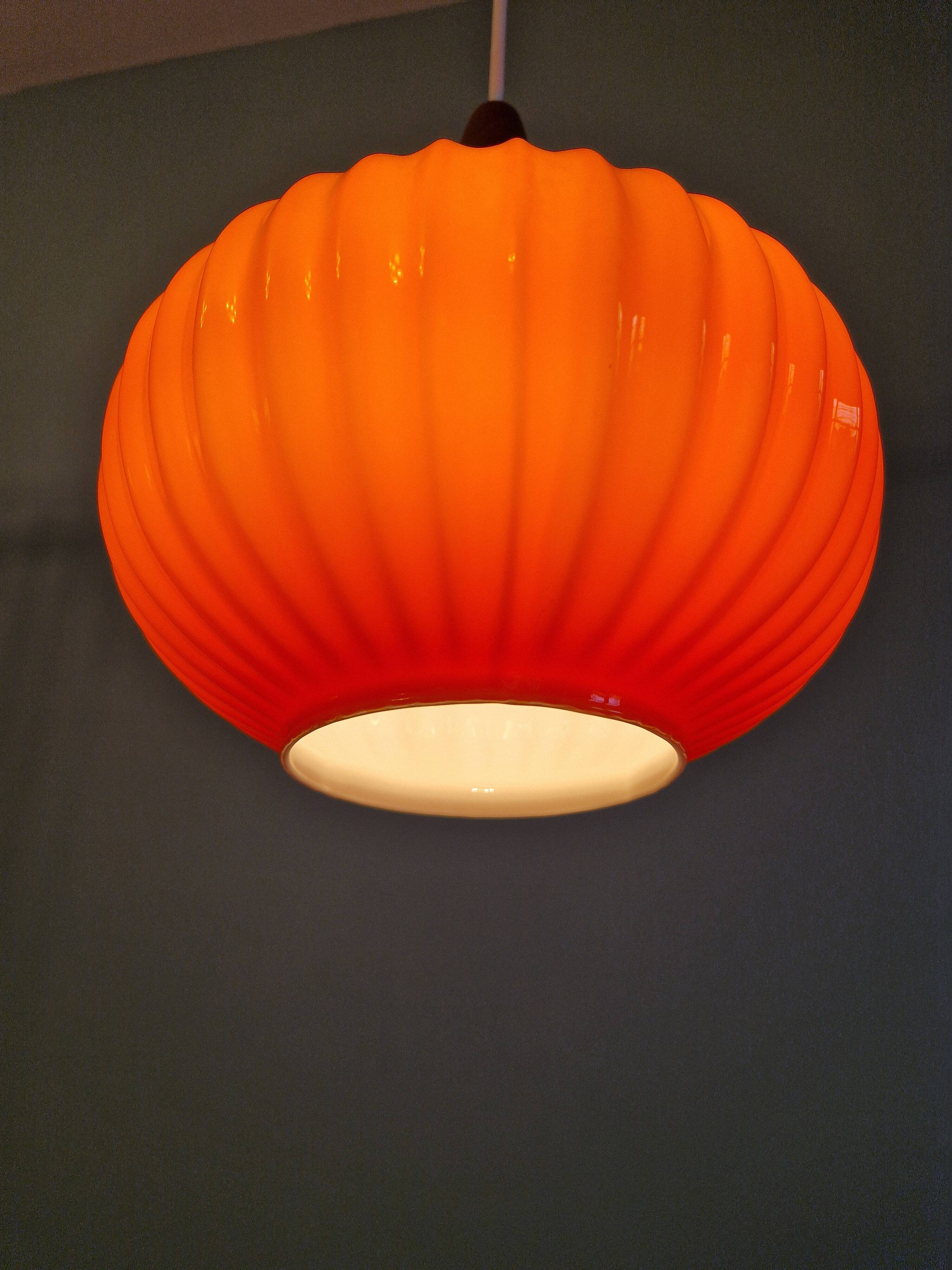 Teak and orange opaline suspension, Scandinavian style, 1960.