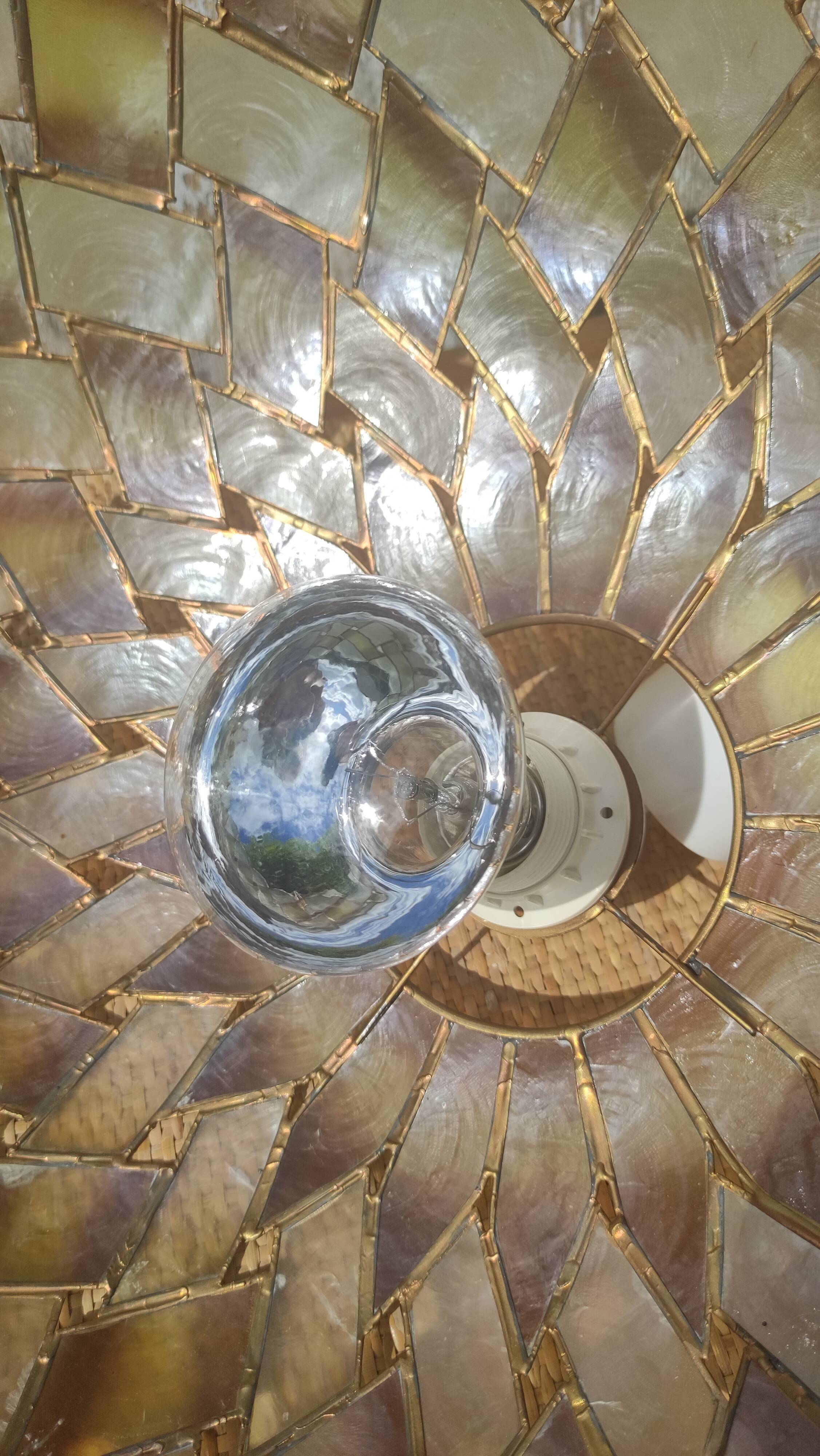 Large vintage pendant lamp in mother-of-pearl and brass