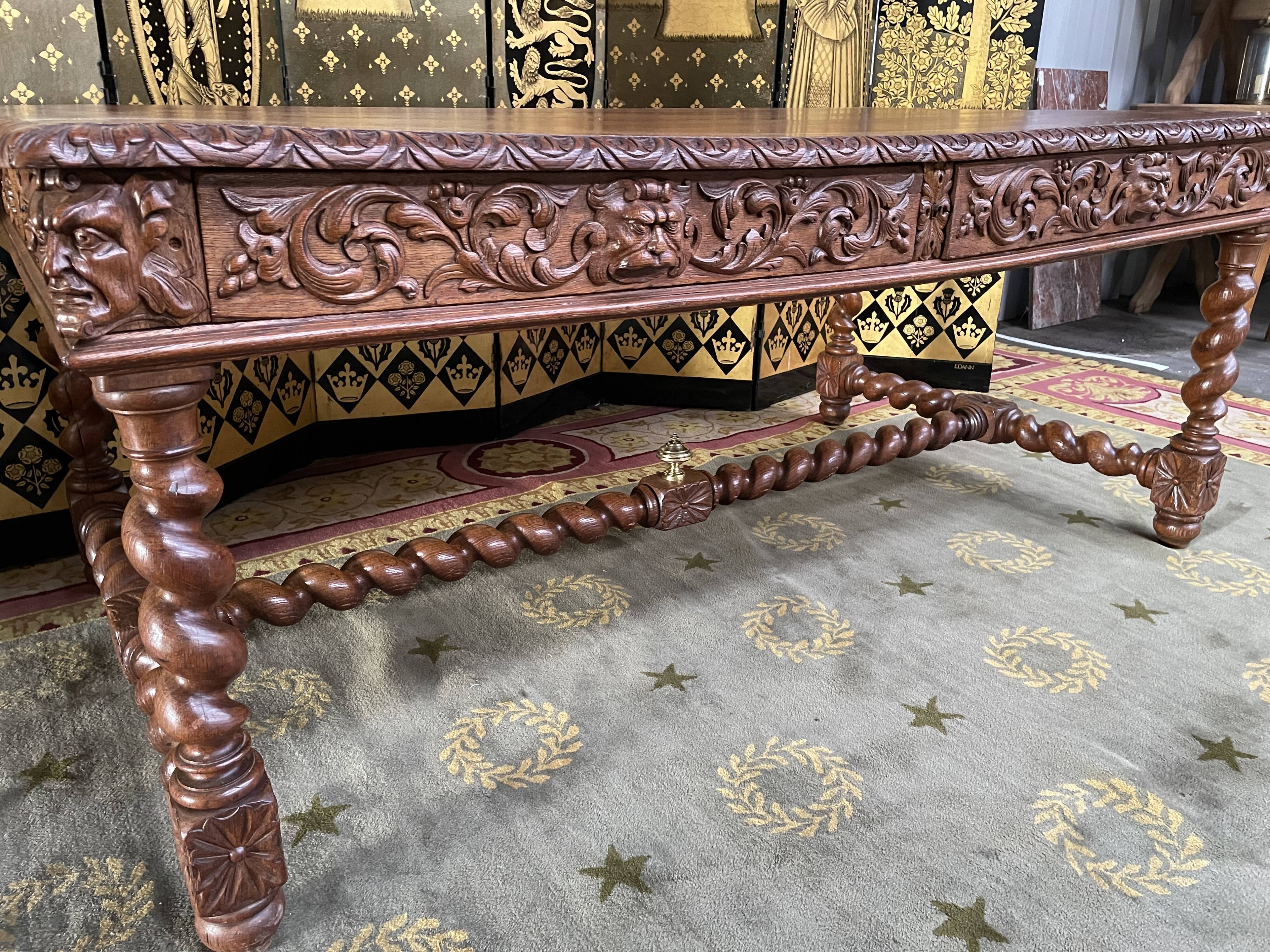 Office style Louis XIII solid oak carved restored