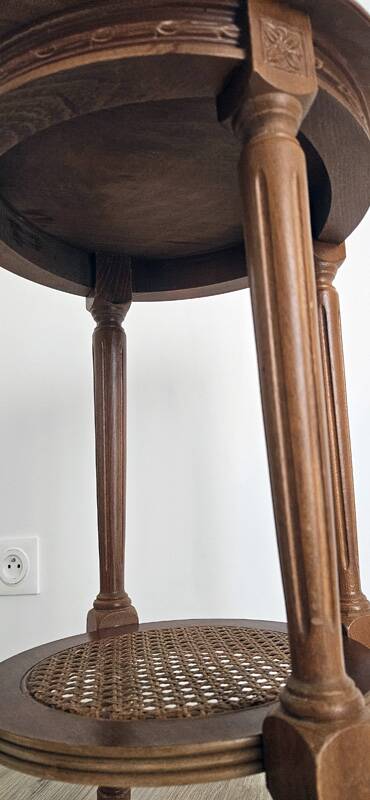 Antique marquetry side table in wood and cane.