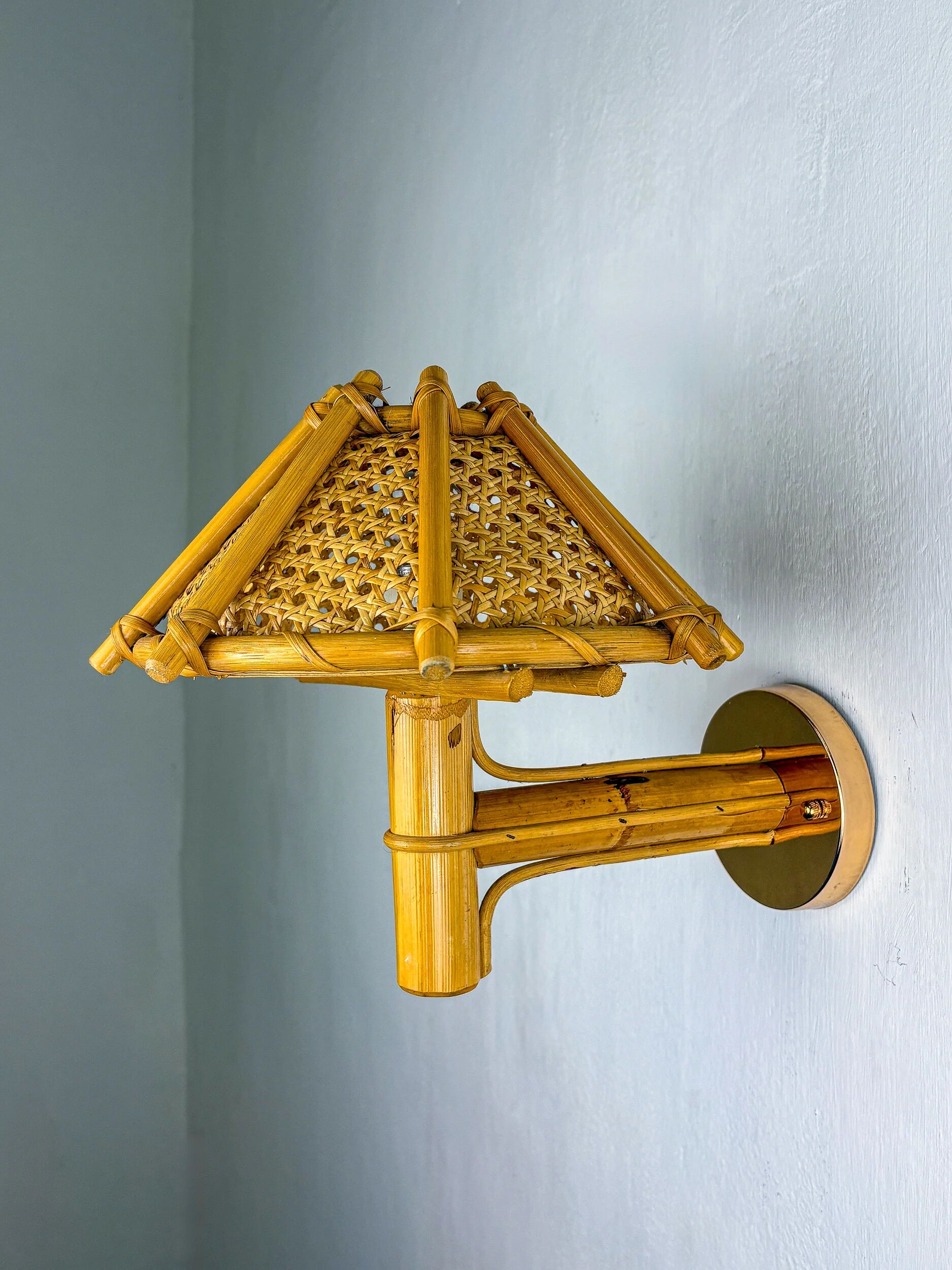 Rattan bamboo wall light with woven wicker shade, Italy, 1960s