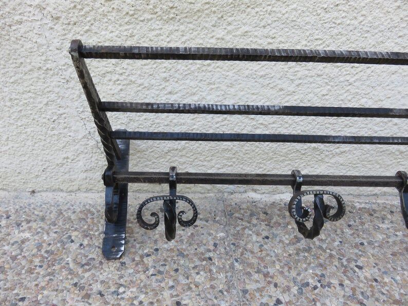 Hammered wrought iron coat rack, sliding pads, Edgard Brandt style, art deco 30s 40s