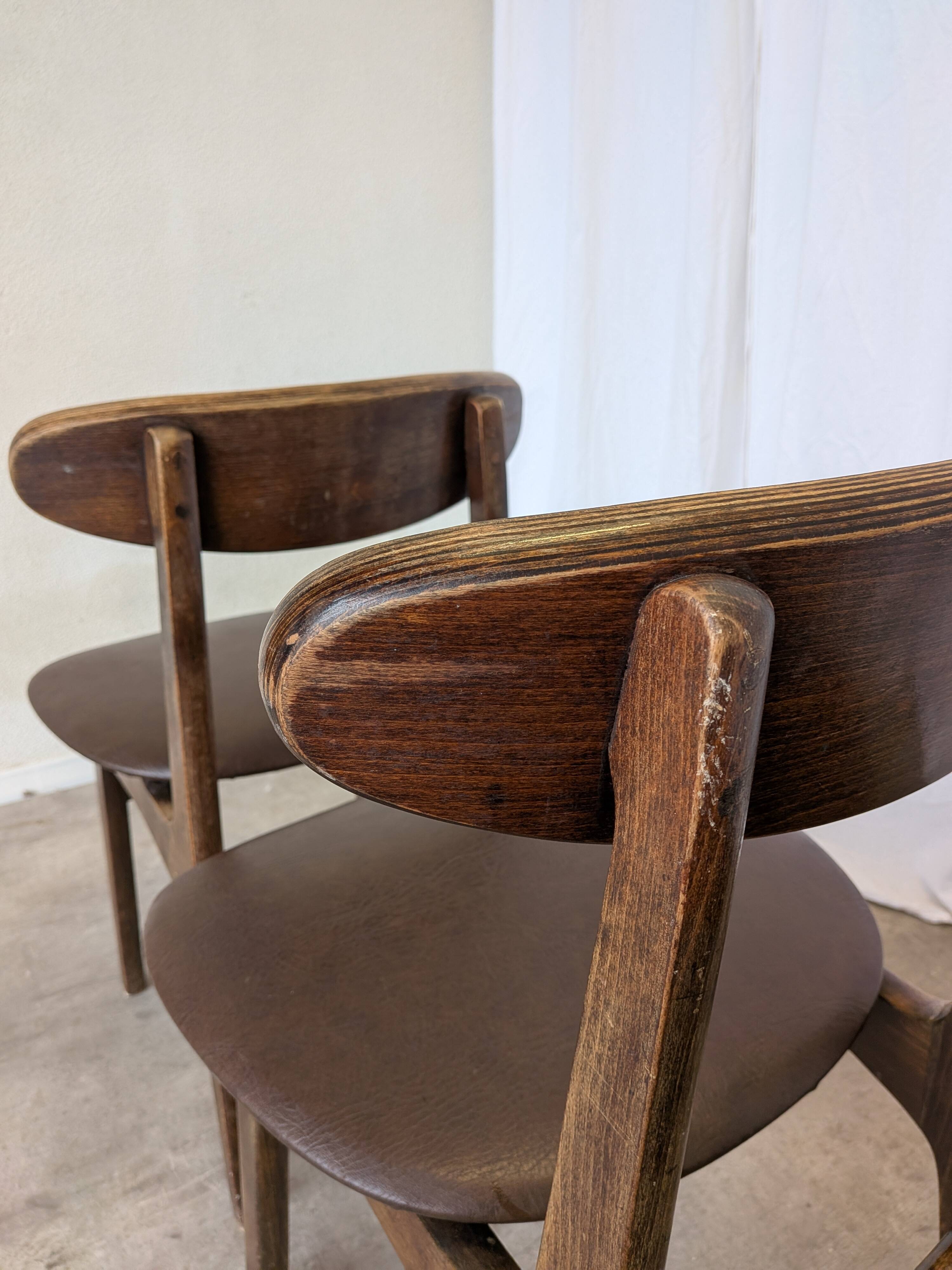 Set of 3 Vintage Wooden Dining Chairs with Brown Leather Seats / Mid-Centur