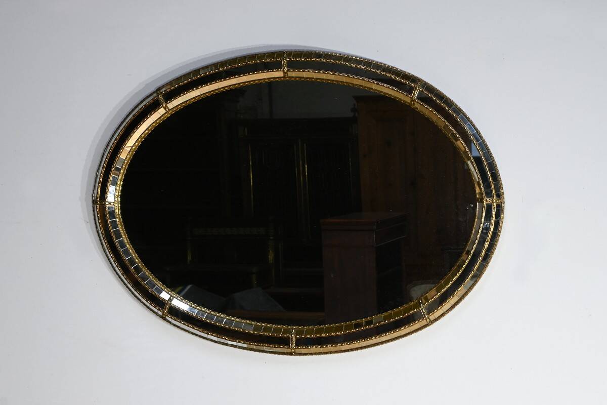 Hollywood Regency Style Oval Brass Bezel Mirror – 1970