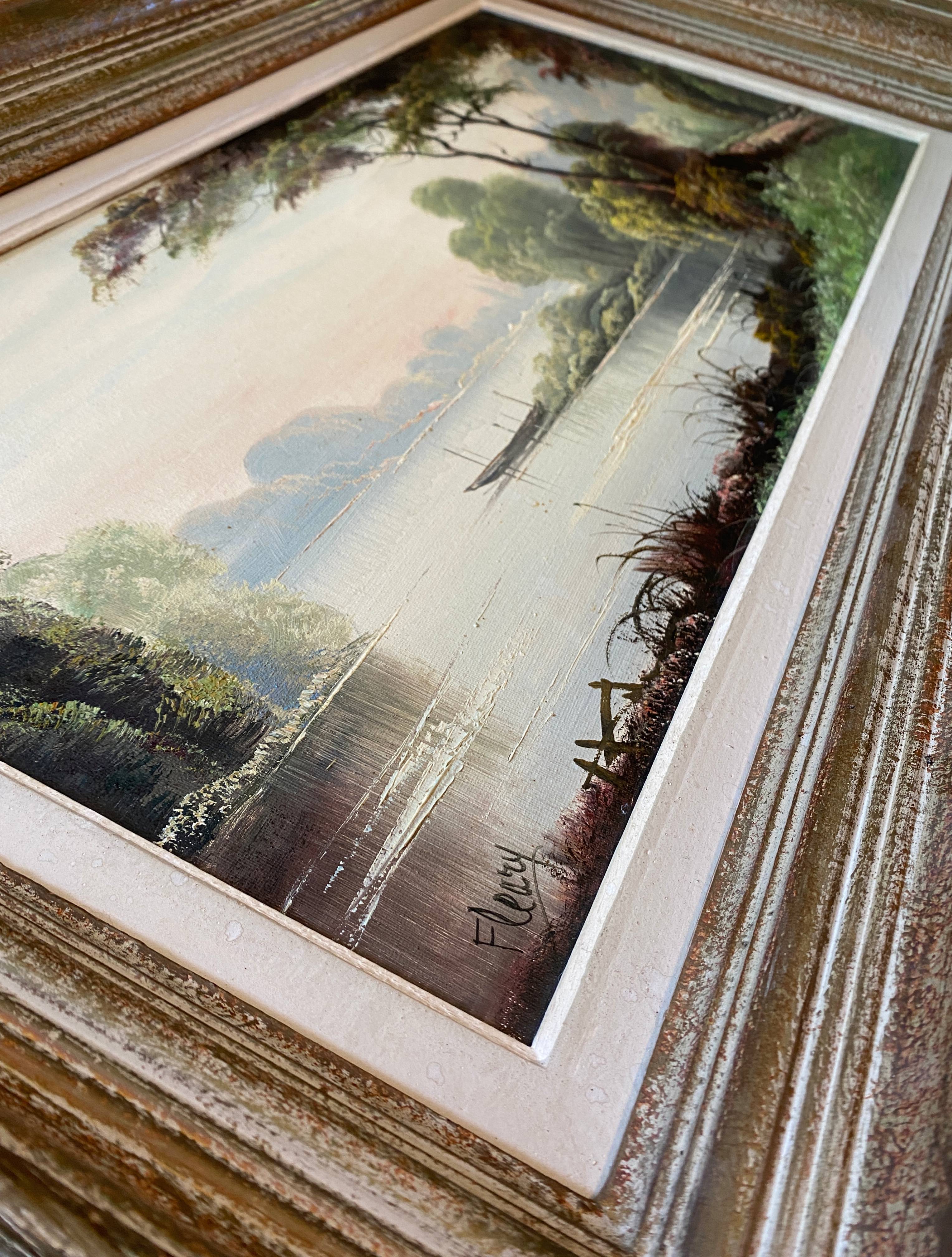 Painting "Landscape with wooded pond" HST signed Fleury + frame