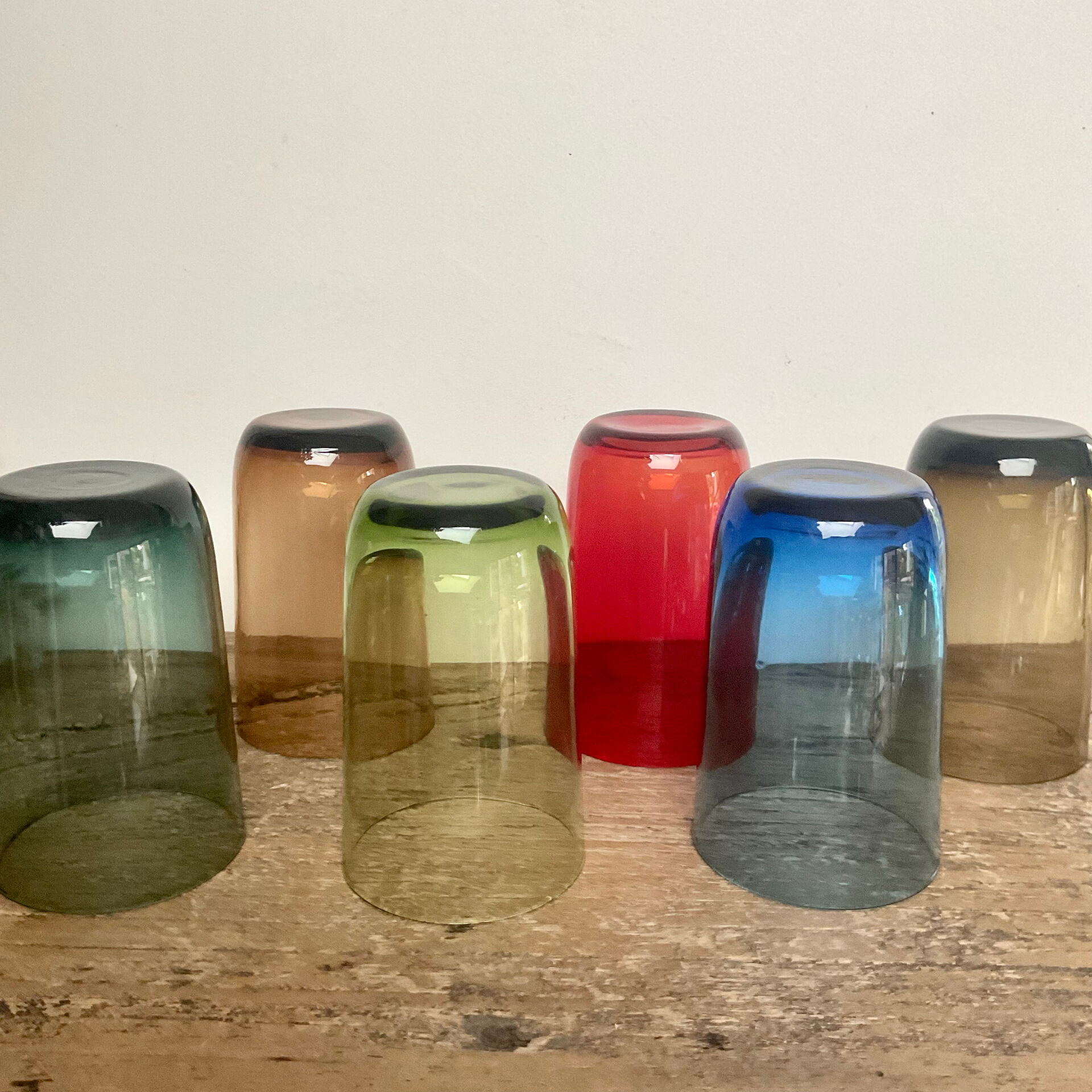 6 vintage coloured glasses