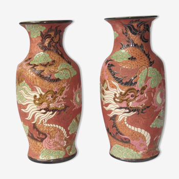 Pair baluster vase with dragon sandstone of bien hoa vietnam indochina, asia