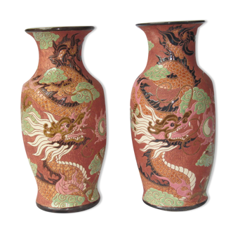 Paire vase balustre aux dragon grès de bien hoa vietnam indochine, asie