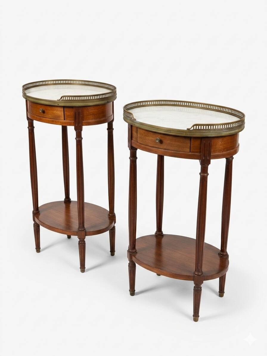 Pair of Louis XVI style bedside tables in mahogany, with marble tops.