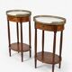 Pair of Louis XVI style bedside tables in mahogany, with marble tops.