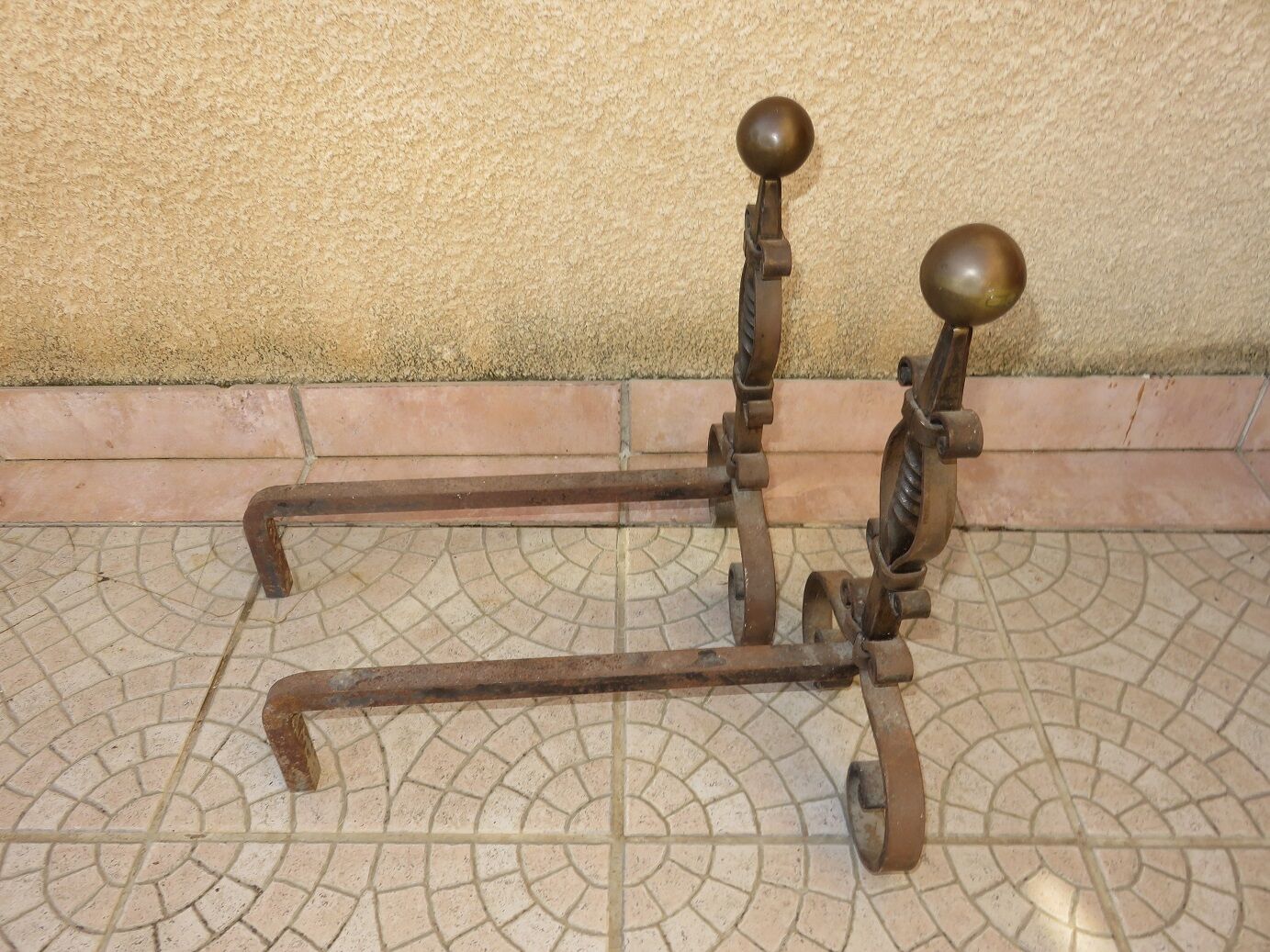 Andirons cast iron and brass ball