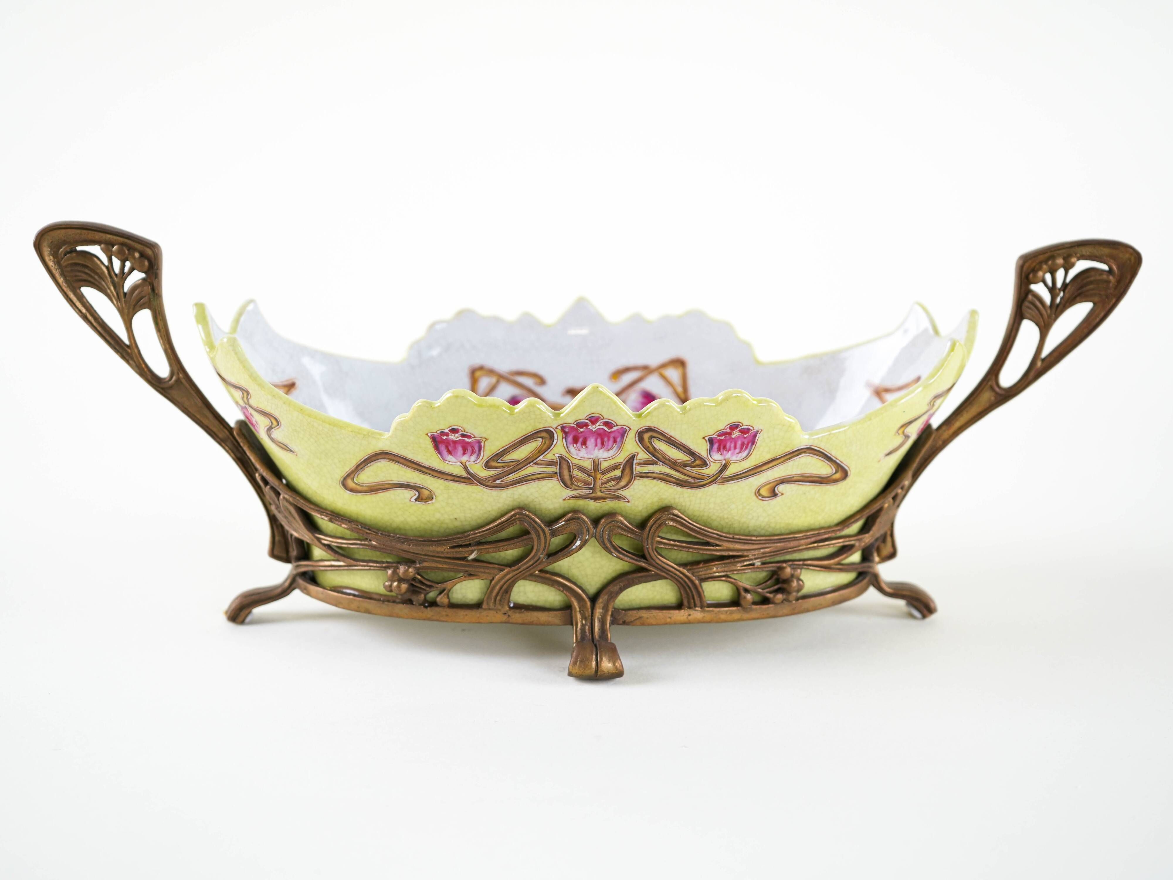 Art Nouveau ceramic platter with glazed golden finish in decorative metal frame, European