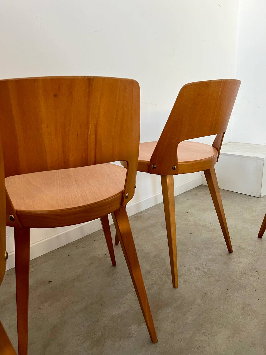 Lot of 7 old Baumann Mondor low back wooden chairs design 60s vintage