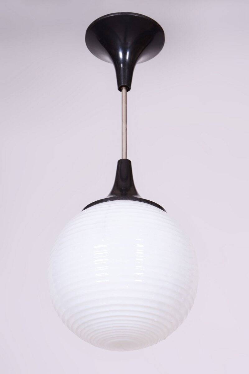 Mid-Century Chandelier in Chromed Steel and Opaline Glass, Czech, 1950s