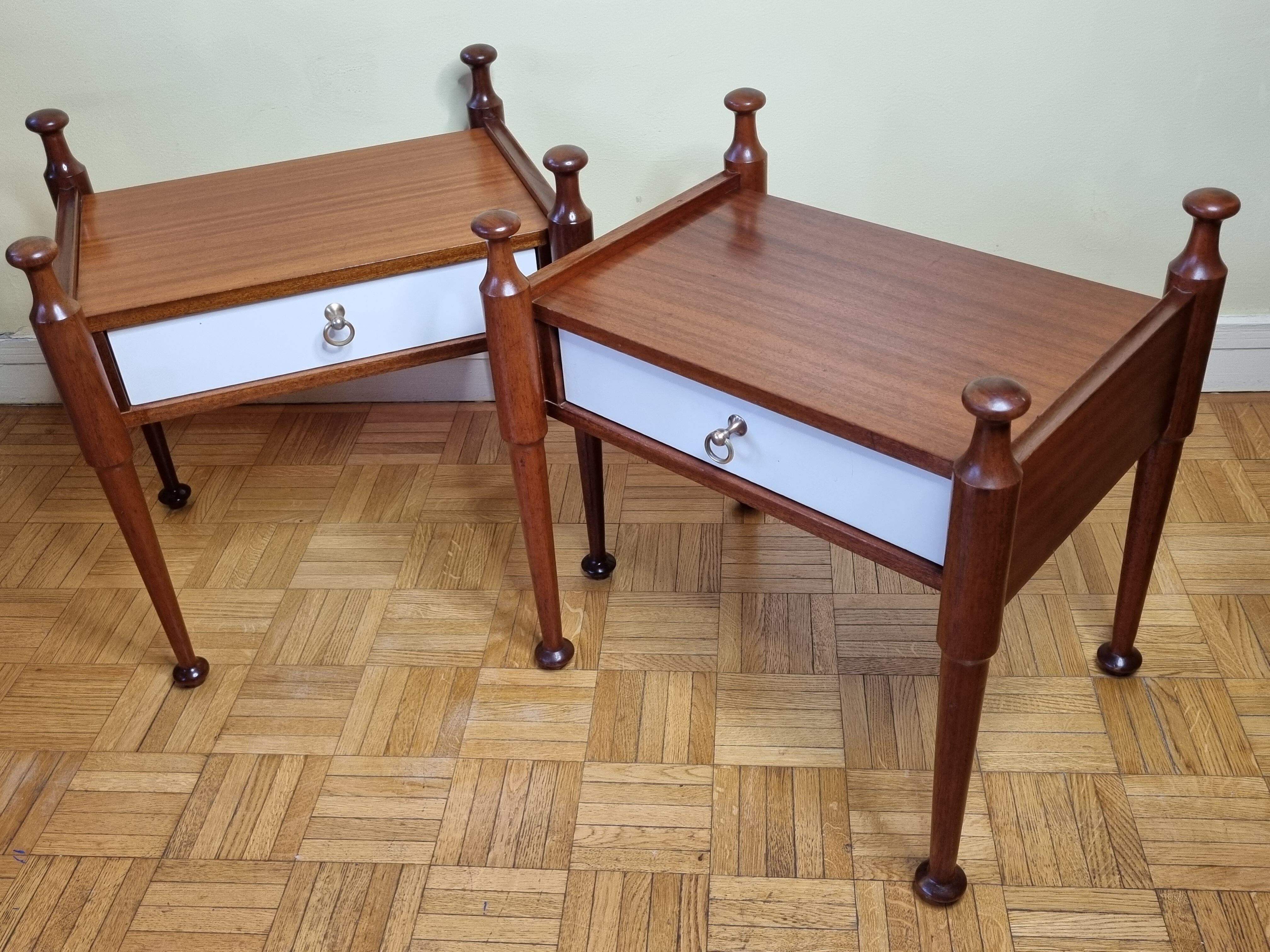 Pair of mahogany and veneer wood bedside tables, Gautier, 60s