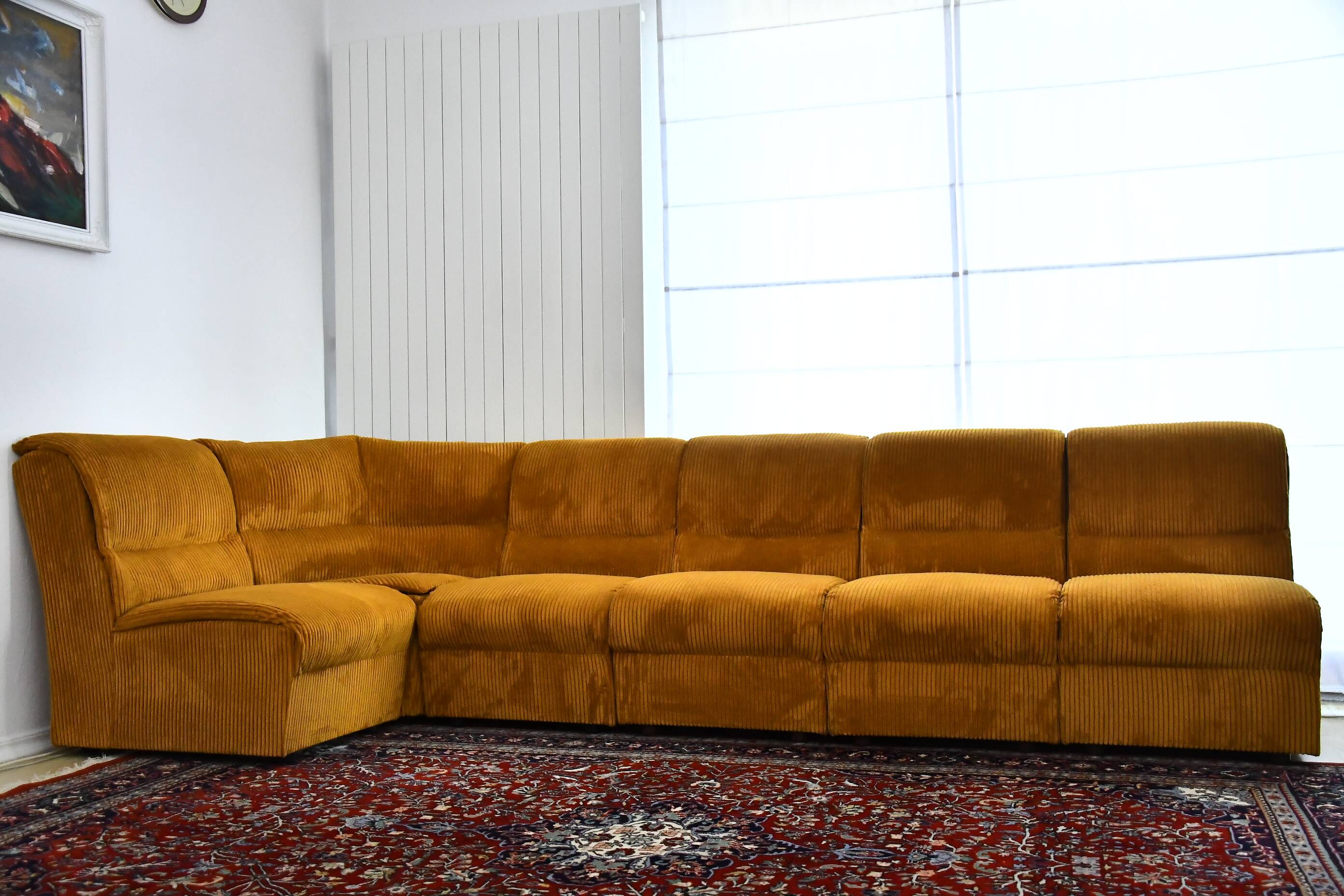 Yellow corduroy corner modular sofa, 1970s, set of 6
