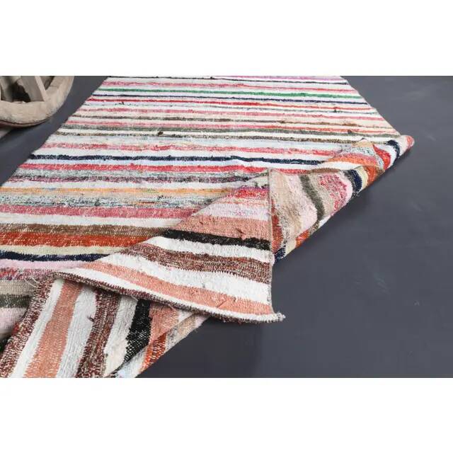 Vintage Turkish Oushak Handmade Cotton Pink Wool Kilim Runner Rug 136x291