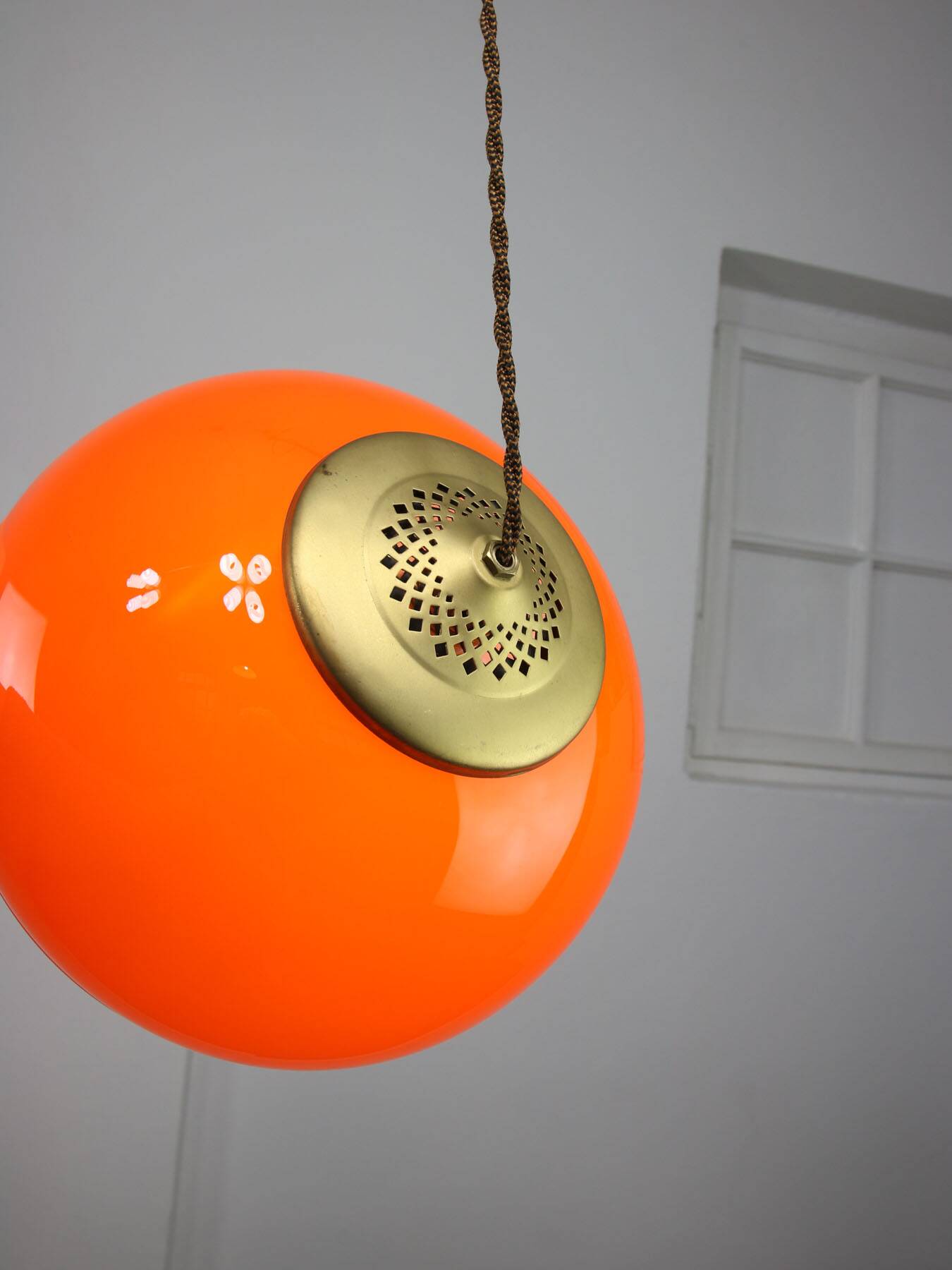 Mid-Century Italian Orange Glass and Brass Pendant Lamp